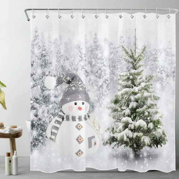 Winter Snowman Shower Curtain for Bathroom Pine Tree Forest with Snowflake Winter Scene Shower Curtain with 12 Hooks Cute Christmas Holiday Bathroom Curtains Shower Set 72x72 Inch