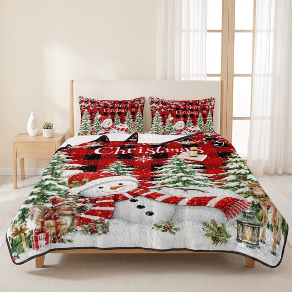 Winter Snowman Snowflake 3 Pieces Quilt Set,1 Quilt with 2 Shams,Christmas Tree Elk Black Red Plaid Bedspread Soft Lightweight Bedding Coverlet Comforter Set for All Season 96"x106"