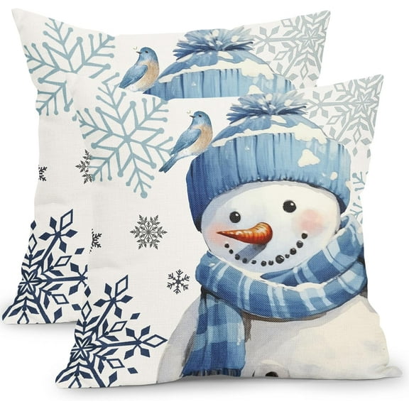 Winter Snowman Snowflake Pillow Covers 16x16 Inch Blue Christmas Throw Pillow Covers Set of 2 Xmas Winter Holiday Pillowcases Cushion Covers for Couch Home Decor