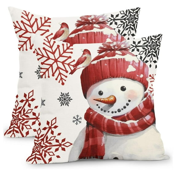 Winter Snowman Snowflake Pillow Covers 18x18 Inch Red Christmas Throw Pillow Covers Set of 2 Xmas Winter Holiday Pillowcases Cotton Linen Cushion Covers for Couch Home Decor