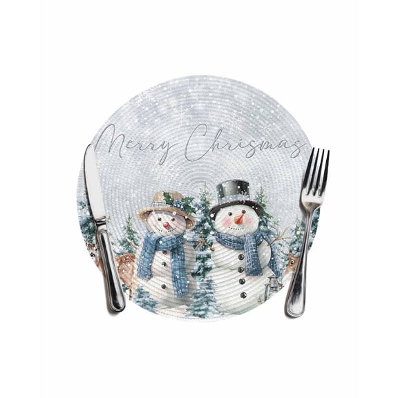 Winter Snowman Squirrel Round Table Placemats 1 pc, Merry Christmas Deer Washable Woven Place Mats for Dining Tables Kitchen Party Decor,Heat Proof, 13in,
