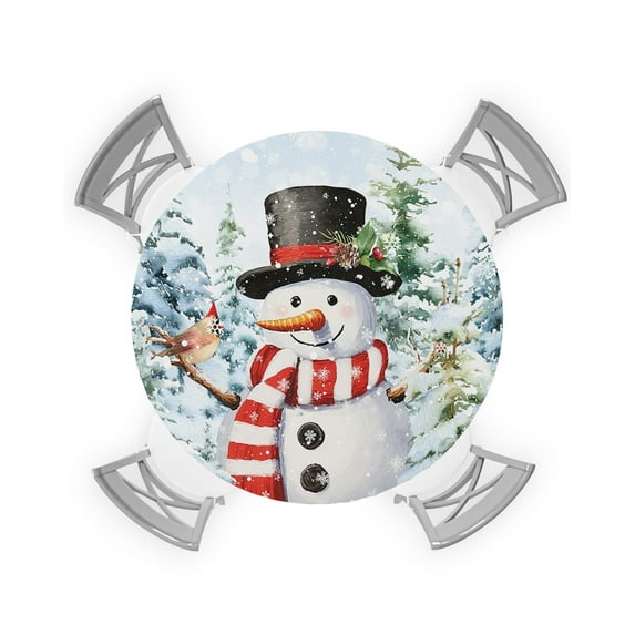 Winter Snowman Table Cloth, Round Fitted Tablecloths with Elastic Edge, Winter Christmas Snowflake Wipeable Waterproof Table Cover for Kitchen Wedding 45-54 Inches
