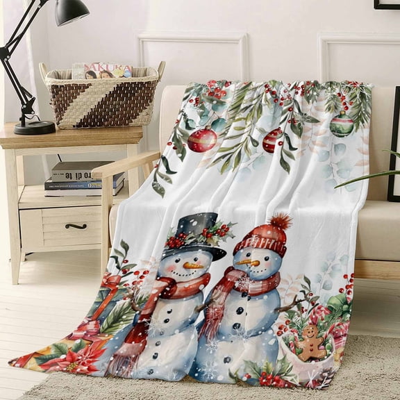 Winter Snowman Throw Flannel Blanket 40x60In Christmas Gift Leaves Flower Snow Ball Super Soft Cozy Bed Blanket, Lightweight Plush Fuzzy Bed Throw for Bedroom Sofa Couch Living Room