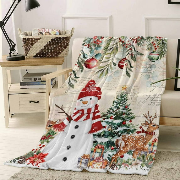 Winter Snowman Throw Flannel Blanket 40x60In Christmas Tree Leaves Elk Flower Vintage Letter Super Soft Cozy Bed Blanket, Lightweight Plush Fuzzy Bed Throw for Bedroom Sofa Couch Living Room