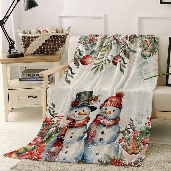 Winter Snowman Throw Flannel Blanket 50x60In Christmas Gift Leaves Flower Snow Ball Vintage Linen Super Soft Cozy Bed Blanket, Lightweight Plush Fuzzy Bed Throw for Bedroom Sofa Couch Living Room