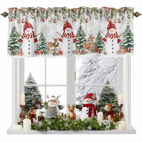 Winter Snowman Valances for Windows, 54 x 18in, Christmas Tree Leaves Elk Flower Light Gray Rod Pocket Kitchen Valance Curtain Light Filtering Window Treatments for Living Room Bedroom, 1 Panel