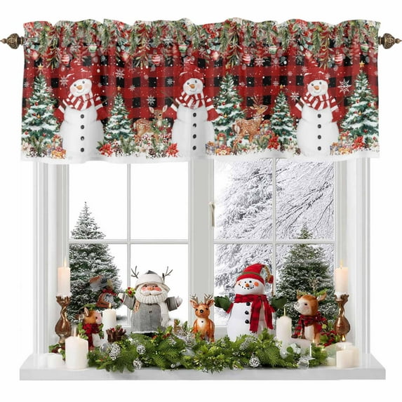 Winter Snowman Valances for Windows, 54 x 18in, Christmas Tree Leaves Elk Flower Red Black Plaid Rod Pocket Kitchen Valance Curtain Light Filtering Window Treatments for Living Room Bedroom, 1 Panel