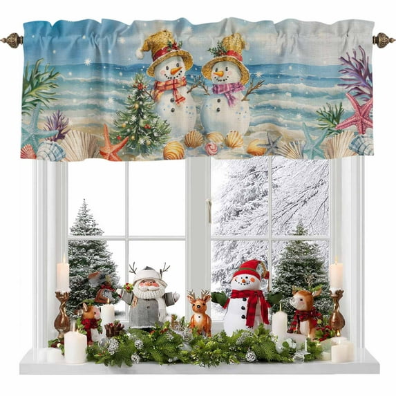 Winter Snowman Valances for Windows, 54 x 18in, Christmas Tree Ocean Beach Coral Shell Rod Pocket Kitchen Valance Curtain Light Filtering Window Treatments for Living Room Bedroom, 1 Panel