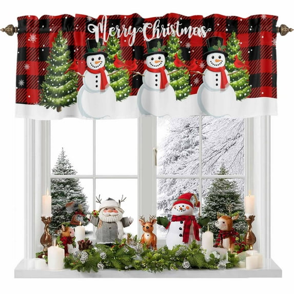 Winter Snowman Valances for Windows, 54 x 18in, Merry Christmas Tree Snowflakes Red Black Plaid Rod Pocket Kitchen Valance Curtain Light Filtering Window Treatments for Living Room Bedroom, 1 Panel