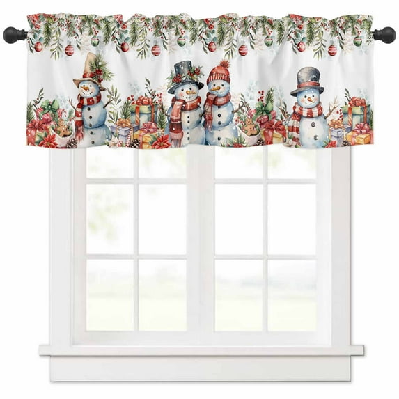 Winter Snowman Valances for Windows, Christmas Gift Leaves Flower Snow Ball Light Filtering Window Treatment Valances, Rod Pocket Small Curtains for Kitchen/Bathroom, 42"x18"