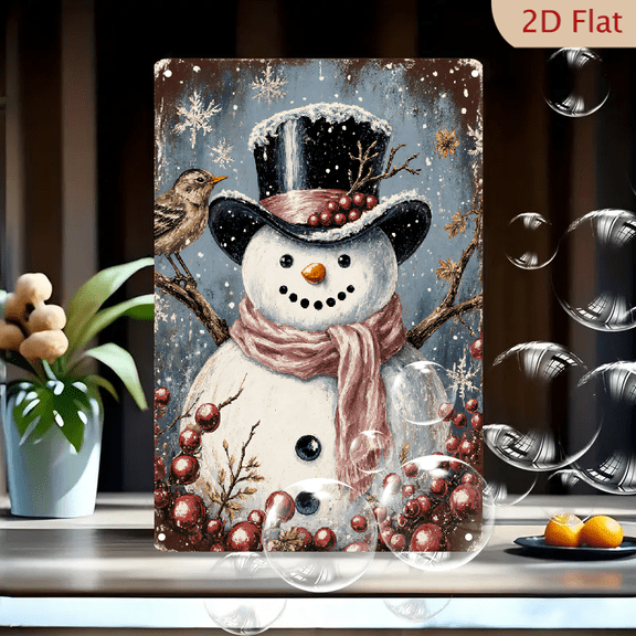 Winter Snowman Wall Art, 8x12 Inch Rustic Metal Print, Cheerful Carrot Nose Snowman with Pink Scarf and Top Hat, Cozy Holiday Scene with Red Berries and Birds, Nostalgic Painterly Canvas for Home