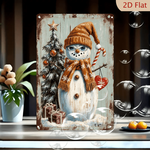 Winter Snowman with Candy Cane and Heart Ornament, Rustic Wood Background, 8x12 Inches Metal Wall Art, Vintage Shabby Chic Christmas Decor for Home