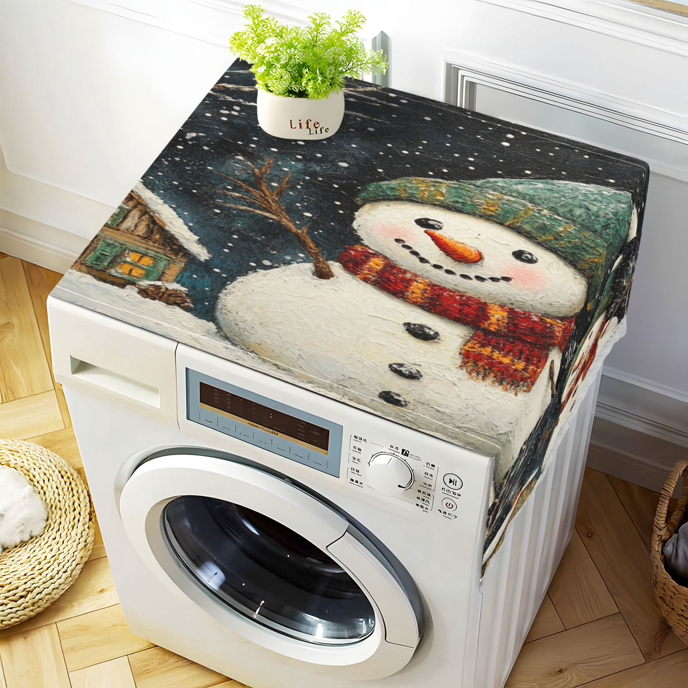 Winter SnowmanWasher and Dryer Covers Dust-Proof and Oil Resistant Fridge Cover with 4 Storage Pockets Washing Machine Top Cover for Laundry Kitchen Home 51.2 x 22 In