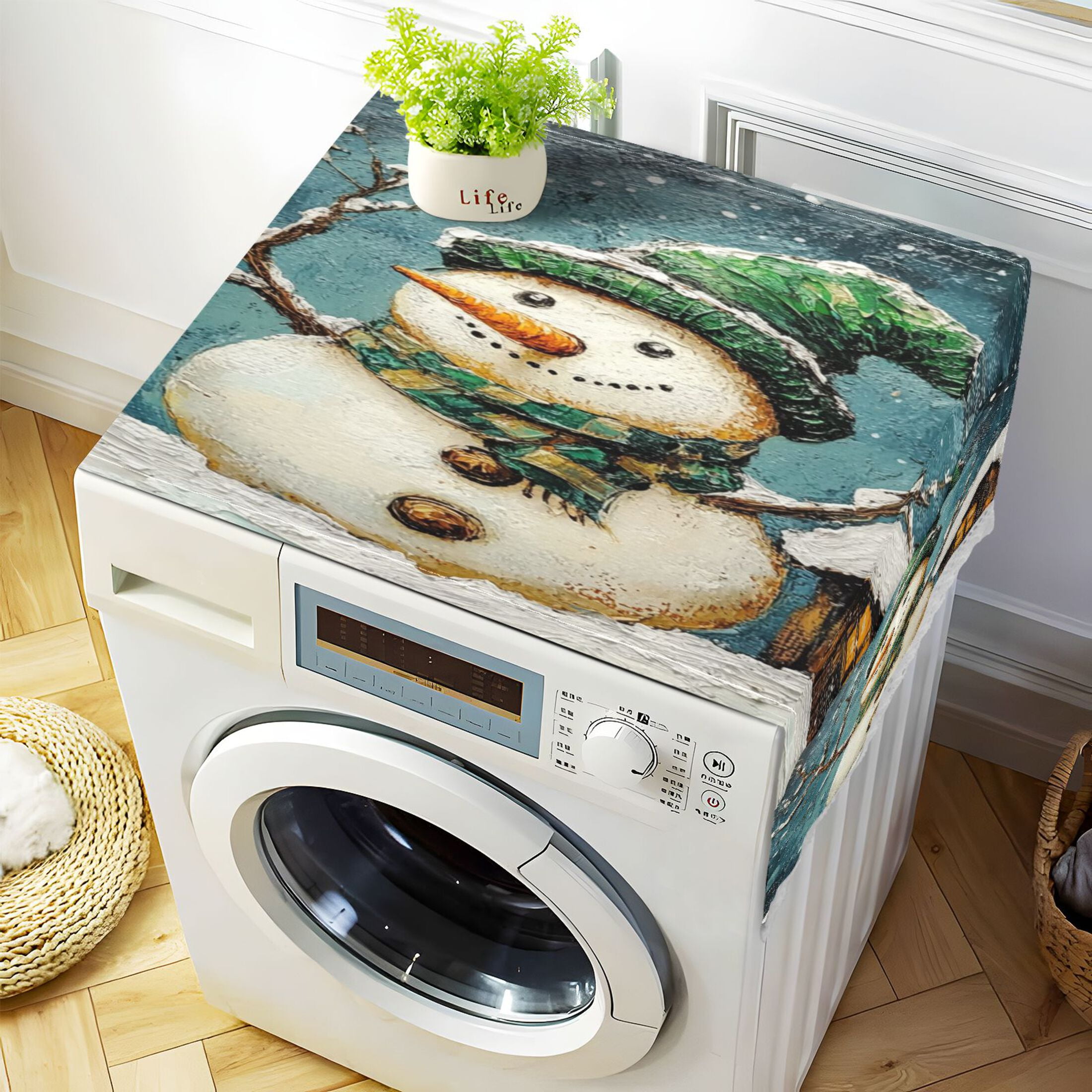 Winter SnowmanWasher and Dryer Covers Dust-Proof and Oil Resistant Fridge Cover with 4 Storage Pockets Washing Machine Top Cover for Laundry Kitchen Home 51.2 x 22 In