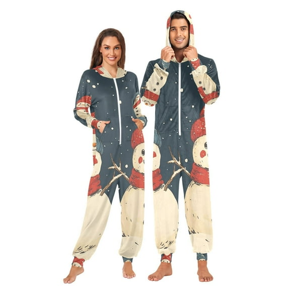 Winter Snowmans Adult Onesie Pajamas Slim Fit Christmas One Piece Suit Pjs for Women and Men Hooded Zipper