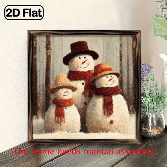 Winter Snowmen Family Wall Art with Wood Frame - Beige Brown Muted Tones, Cozy Home Dcor, Perfect for Christmas, New Year's, or Living Room Decoration 1pcs