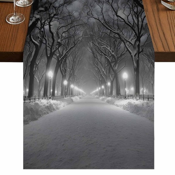 Winter Snowscape Burlap Cotton Table Runner 13x36 Inches Short, Night Snow Landscape Trees Natural Farmhouse Table Runners, Outdoor Dining Tablecloths Decor for Baby Shower/Party/Wedding