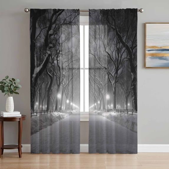 Winter Snowscape Sheer Curtains 63 Inch Length 2 Panels Set, Night Snow Landscape Trees Natural Voile Window Treatment Rod Pocket Curtains Sheers Drapes for Bedroom/Living Room/Kitchen 52x"63"x2