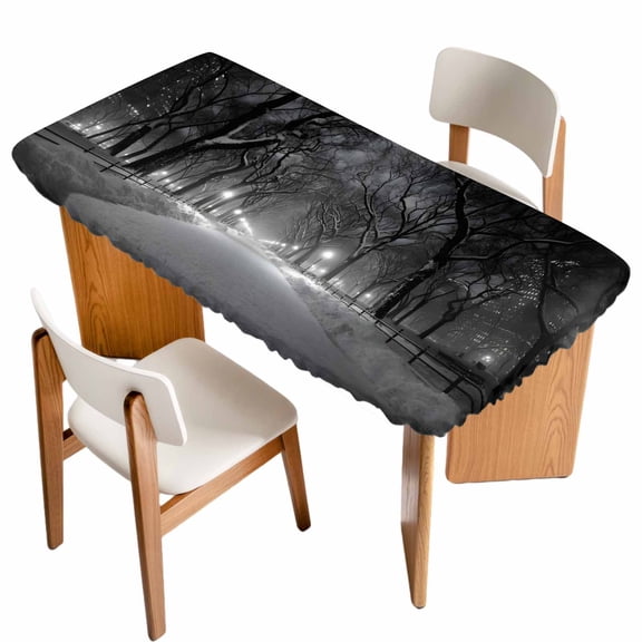 Winter Snowscape Table Cloths for 3 Foot Rectangle Tables, Night Snow Landscape Trees Natural Patio Waterproof Elastic Fitted Tablecloths, Washable Rectangular Table Cover for Camping