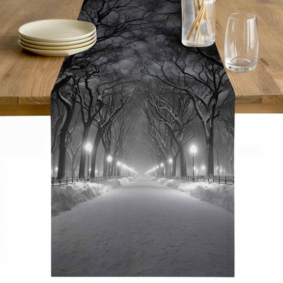 Winter Snowscape Table Runner - 48 Inch Long Night Snow Landscape Trees Natural Cotton and Linen Blended Dress Scarves Farmhouse Table Runner for Kitchen Dining, Coffee Table, 13" x 48"