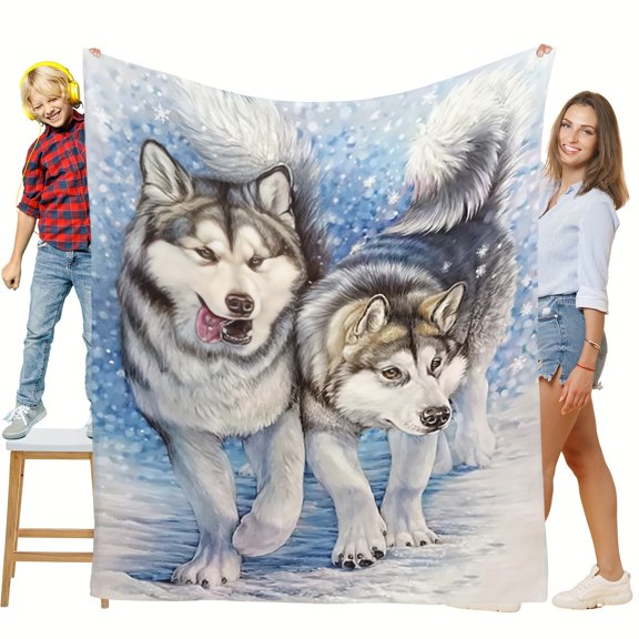 Winter Snowy Alaskan Dog Unique Print Flannel Blanket Soft Warm Cozy Skin-friendly Blanket For Sofa Bed Car Camping Office Home Decor Gift Blanket For All Seasons-Knit Fabric