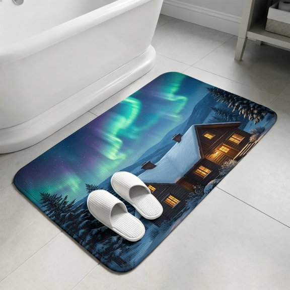 Winter Snowy Cabin Bathroom Rugs Non Slip Washable Bath Mat Absorbent Low Pile Front Door Mat Green Blue Pine Forest Indoor Doormat for Kitchen Entryway Shower Decor Accessories 15.7"x23.6"