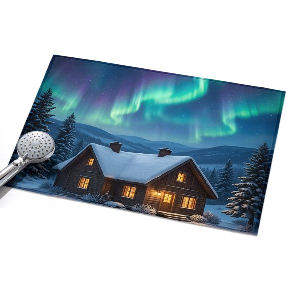 Winter Snowy Cabin Entryway Rug 2x3ft Washable Non Slip Bathroom Rug Low Pile Soft Indoor Floor Front Door Mat Green Blue Pine Forest Rectangle Area Rugs Carpet for Kitchen Office Dining Room Home