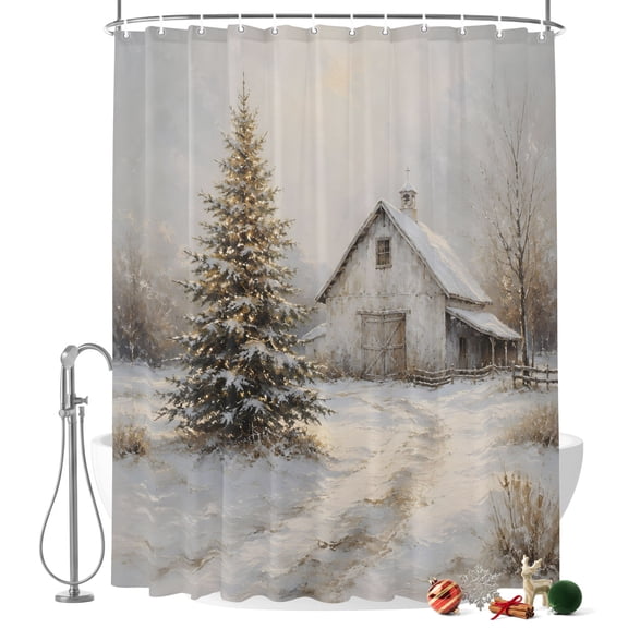Winter Snowy Cottage Shower Curtain, Country Christmas Tree Snow Path Waterproof Washable Fabric Bathroom Shower Curtain with 12 Hooks, 36" x 72"