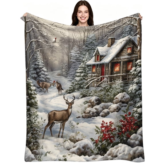 Winter Snowy Forest Cabin Deer Wildlife Scenery, Soft Warm Flannel Fleece, Vintage Rustic Holiday, Throw Blanket, Cozy Warm, Home Decor, Couch Bed Bedroom Cabin