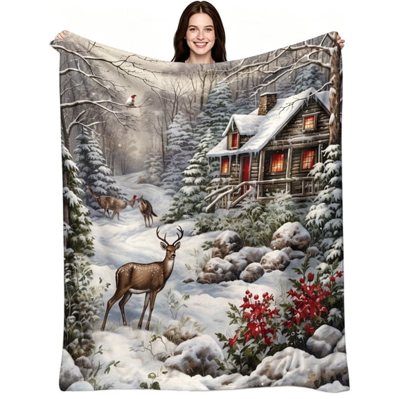 Winter Snowy Forest Cabin Deer Wildlife Scenery, Soft Warm Flannel Fleece, Vintage Rustic Holiday, Throw Blanket, Cozy Warm, Home Decor, Couch Bed Cabin