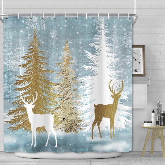 Winter Snowy Forest Scenery Shower Curtains, Snowflake Gold and White Colors Pine Trees Deer Christmas Shower Curtain Decor for Bathroom, Polyester Waterproof Cloth Fabric with 12 Hooks,72x72 Inch