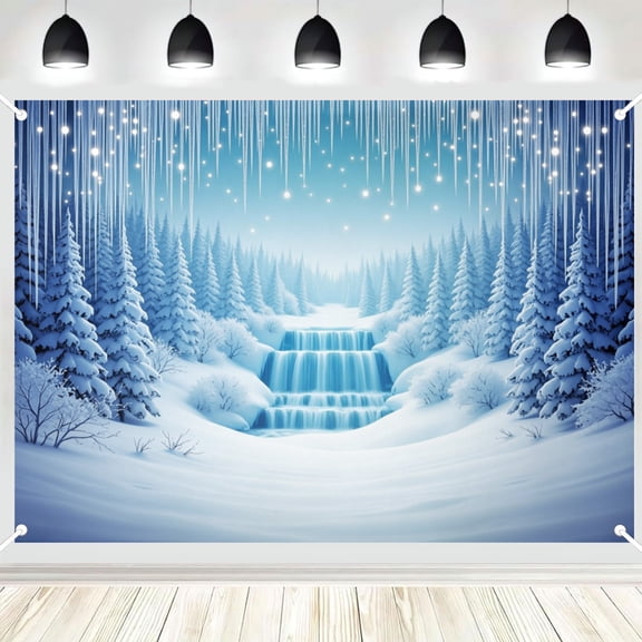 Winter Snowy Forest Waterfall Photography Backdrop, Icicle Pine Tree Snow Scene Photo Background for Holiday & Winter Party Decor 3x5ft