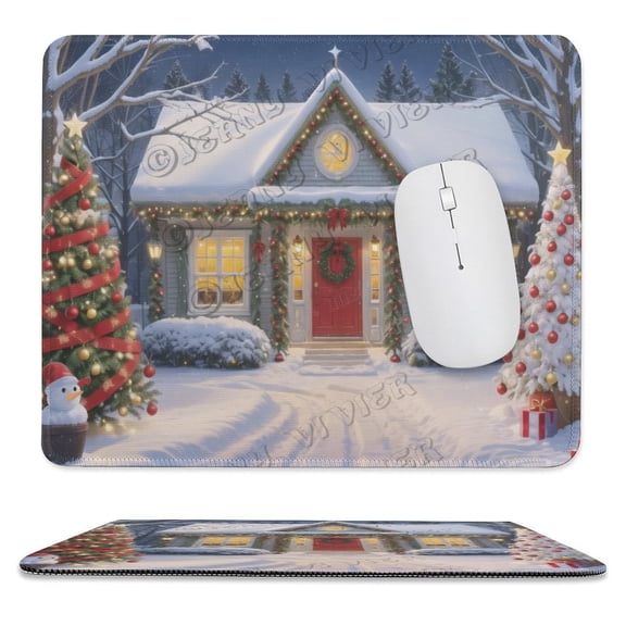 Winter Snowy House Print Mouse Pad with Stitched Edge, Premium-Textured Computer Mousepad with Non-Slip Rubber Base, Gaming Mouse Mat for Laptop, Office & Home 10"x12"