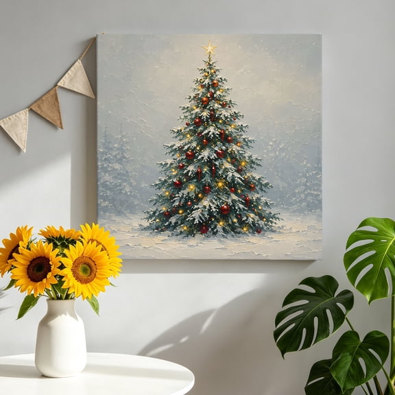 Winter Snowy Landscape Canvas Wall Art, Traditional Christmas Tree White Sky Pictures Wall Decor Wooden Framed Artwork Art Prints for Living Room Hallway Bedroom Office 8"x8"