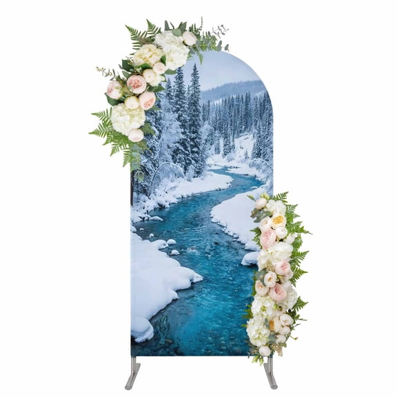 Winter Snowy River Arch Backdrop Cover 4FT, Nature Pine Trees Forest Snowy Scenery Spandex Fitted Stretchy Arch Stand Covers, Round Top Chiara Backdrop Cover for Wedding Party Birthday Baby Shower