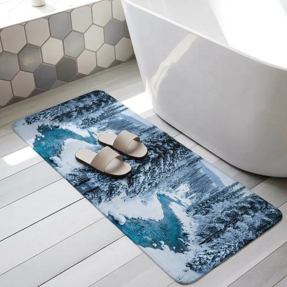 Winter Snowy River Bathroom Runner Rugs Non Slip Washable Absorbent Narrow Long Bath Mat Nature Pine Trees Forest Snowy Scenery Runner Rugs for Kitchen Hallway Bedroom Laundry Study Room 31.5"x78.7"