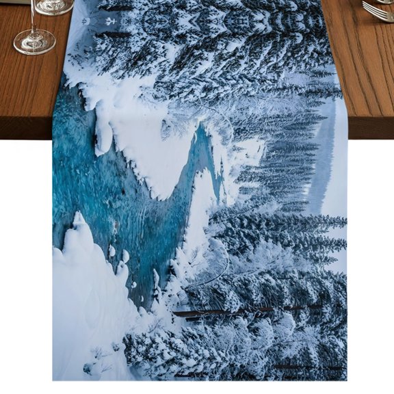 Winter Snowy River Burlap Cotton Table Runner 13x36 Inches Short, Nature Pine Trees Forest Snowy Scenery Farmhouse Table Runners, Outdoor Dining Table Decor for Baby Shower/Party/Wedding
