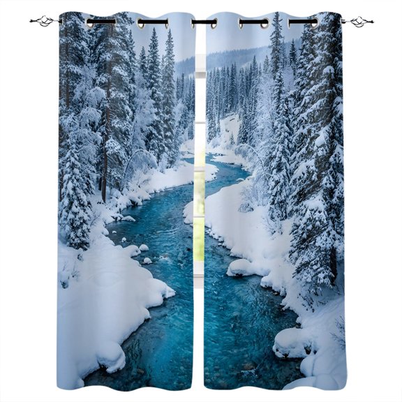Winter Snowy River Kitchen Curtains Nature Pine Trees Forest Snowy Scenery Cafe Short Curtains for Bathroom Blackout Window Curtain Small Window Tier Drapes for Bedroom Living Room 27.5"x39"x2
