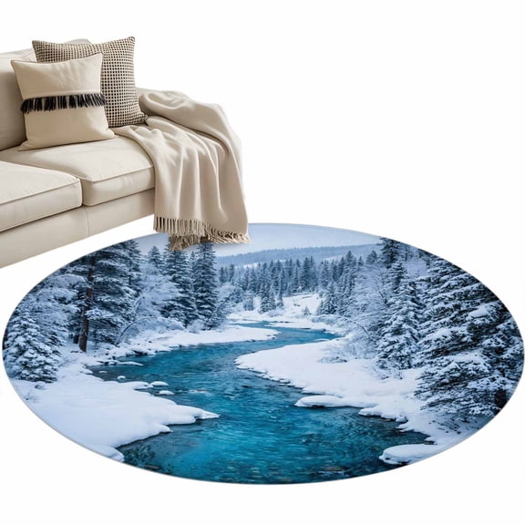 Winter Snowy River Round Rug 3ft Washable Circle Entryway Rugs Non Slip Nature Pine Trees Forest Snowy Scenery Area Rug Indoor Carpet for Bedroom Kitchen Living Room Home Office Dining Room Nursery