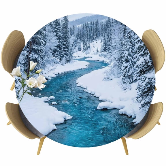Winter Snowy River Round Tablecloth 36-44 Inch Round Fitted Table Cloth with Elastic Edge, Nature Pine Trees Forest Snowy Scenery Waterproof Table Cover Protector for Outdoor Picnic Party Dining