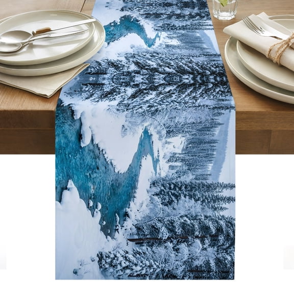 Winter Snowy River Table Runner Nature Pine Trees Forest Snowy Scenery Tablerunners 13 x 60 Inch, Table Decorations Tabletop Scarf for Summer Gathering Holiday Farmhouse Kitchen Dining Decor