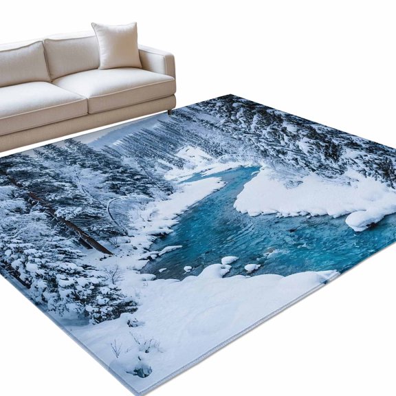 Winter Snowy River Washable Rug 2.7x5 Area Rug for Living Room Bedroom Non Slip Indoor Floor Rectangle Carpet Large Nature Pine Trees Forest Snowy Scenery Entryway Rugs for Dining Room Office Home