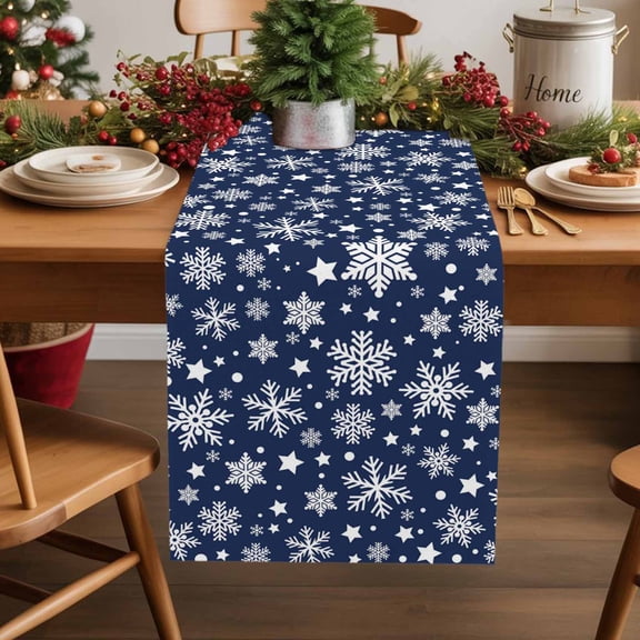 Winter Snowy Snowflakes Table Runner 13x90in Non-Slip Cotton Linen Table Runners, Dark Blue and White Dresser Scarves TableRunner for Dinner Kitchen Dining Wedding Party