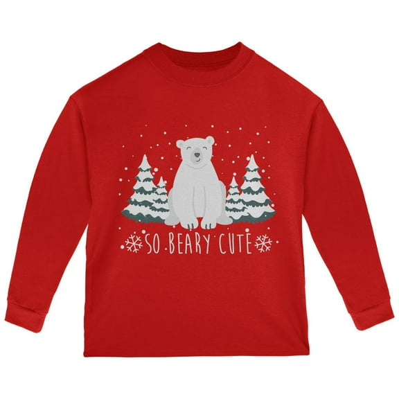 Winter So Beary Very Cute Polar Bear Pun Toddler Long Sleeve T Shirt Red 4T