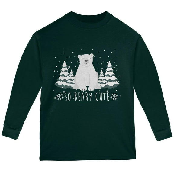 Winter So Beary Very Cute Polar Bear Pun Youth Long Sleeve T Shirt Forest Green YSM