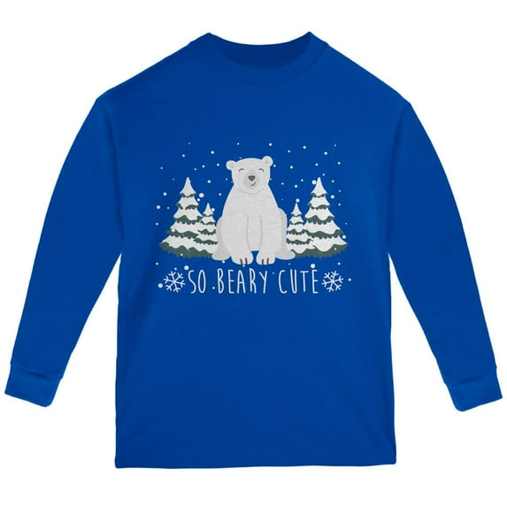 Winter So Beary Very Cute Polar Bear Pun Youth Long Sleeve T Shirt Royal YXL