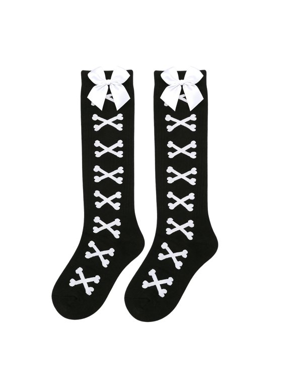 Winter Socks Bone Bow Gothic Stockings Long Socks Cosplay Hosiery for Women Girls Daily Wear Party Club Halloween Accessory