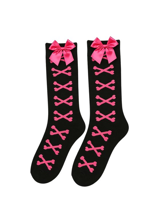 Winter Socks Bone Bow Gothic Stockings Long Socks Cosplay Hosiery for Women Girls Daily Wear Party Club Halloween Accessory