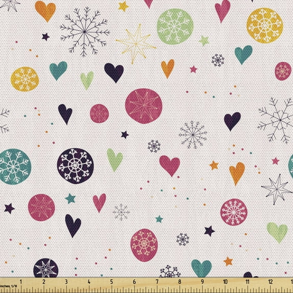 Ambesonne Winter Fabric by the Yard Upholstery, Snowflakes and Hearts Doodle, 3 Yards, Multicolor