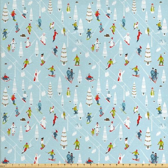 Ambesonne Winter Fabric by the Yard Upholstery, Ski Resort People on Snow, 2 Yards, Blue Multicolor